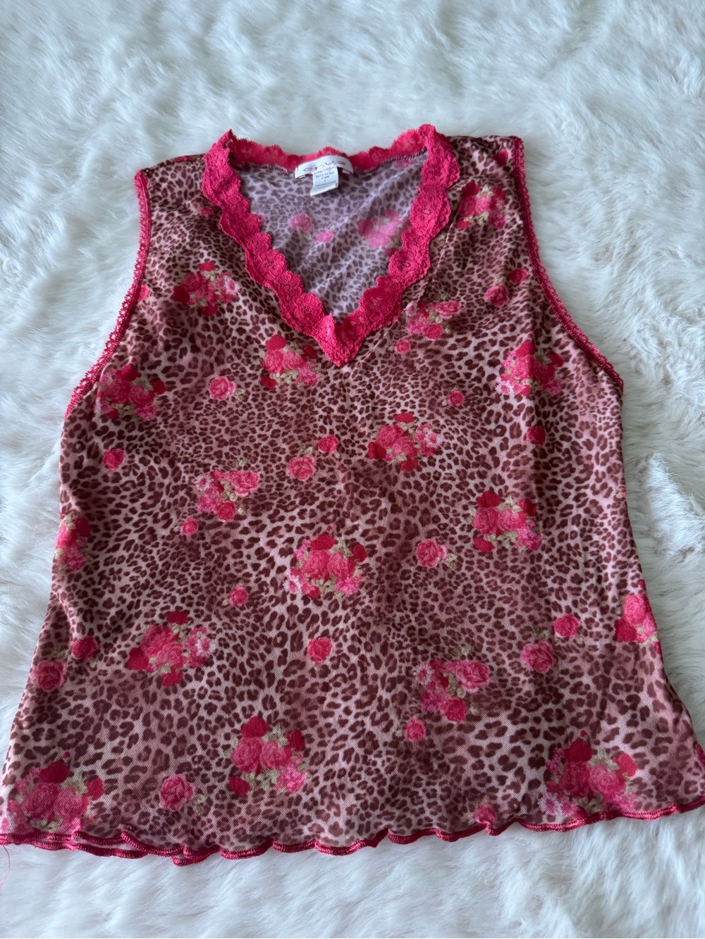 Cruz Pink Floral Leopard Lace Trim Sleeveless tank Top